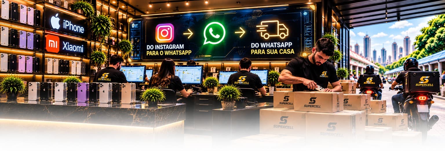 Loja Super Cell com aparelhos, equipe de atendimento, separação de pedidos e entregadores